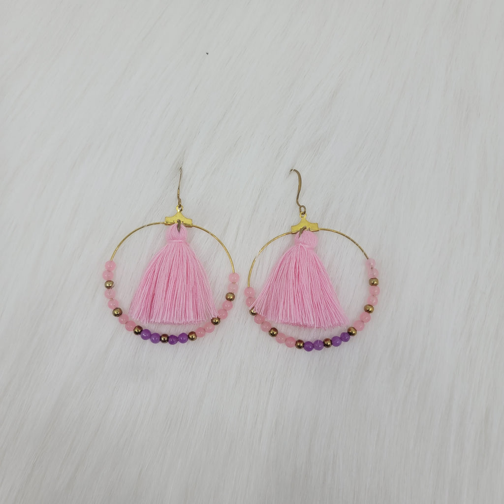 Circle Gemstone Beaded With Tassels Earrings